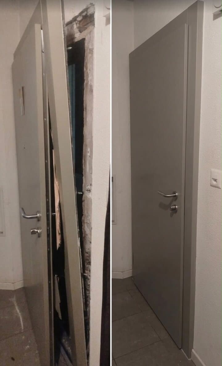 Avant/après remplacement d'une porte d'entrée défoncée après effraction, par La Clé Normande à Caen